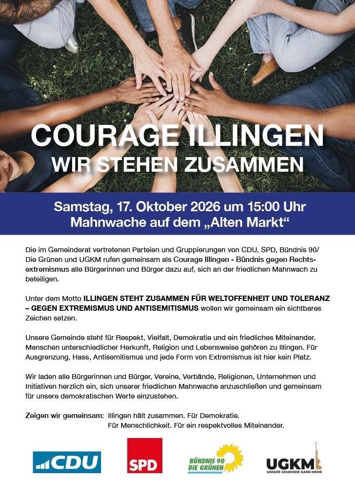 Mahnwache für Weltoffenheit und Toleranz gegen Extremismus und Antisemitismus am 17.10.26 um 15 Uhr in Illingen – Alter Markt
